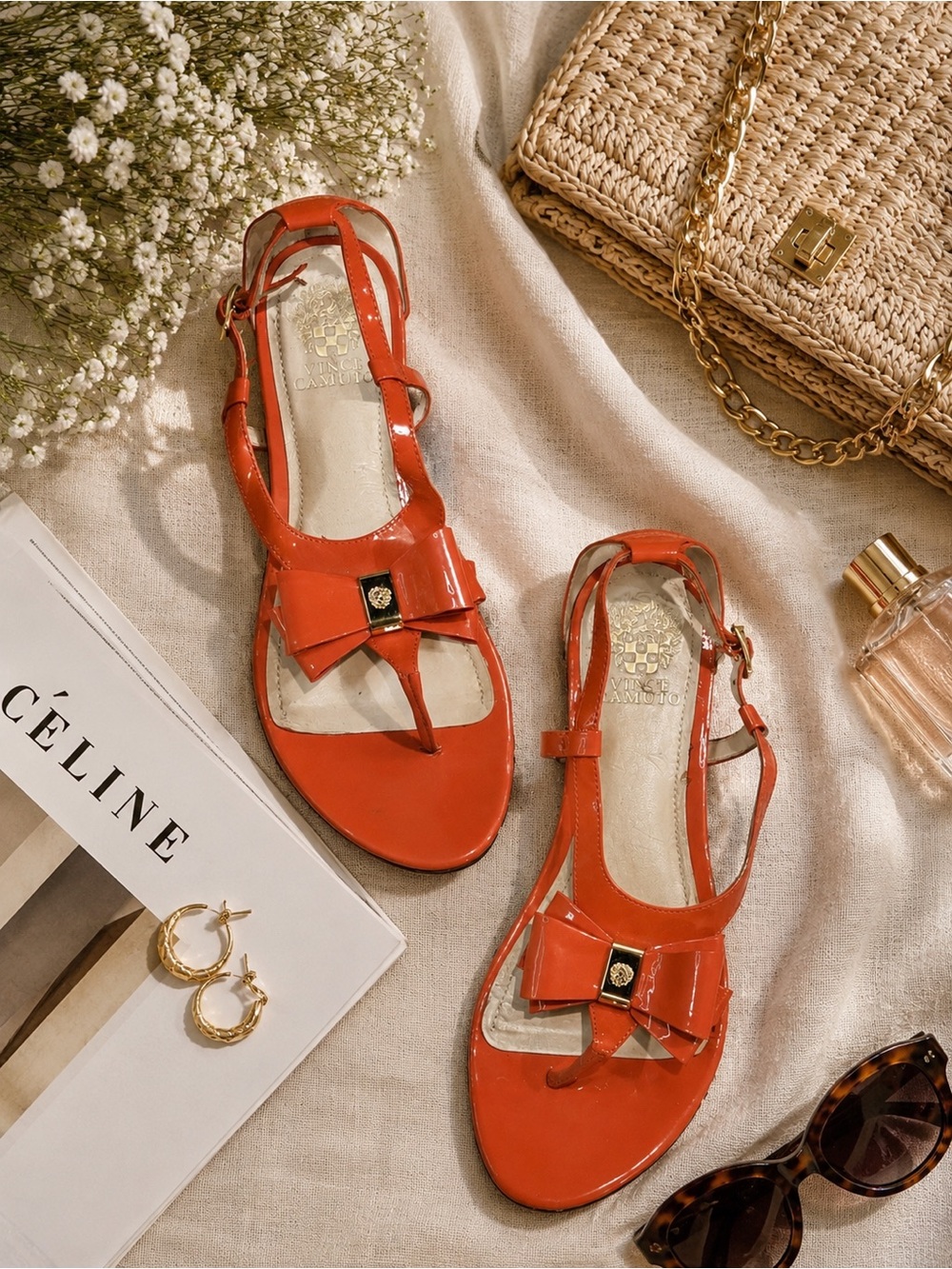 Vince Camuto Orange Bow T-Strap Patent Sandals